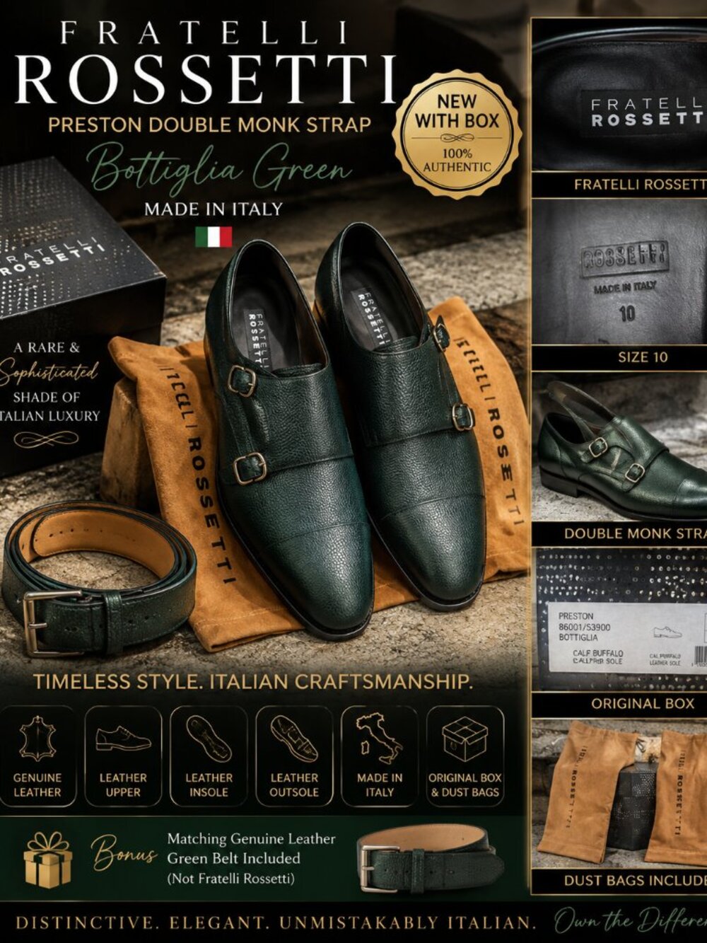 NEW Fratelli Rossetti Preston Bottiglia Green Leather Double Monk Shoes Size 10
